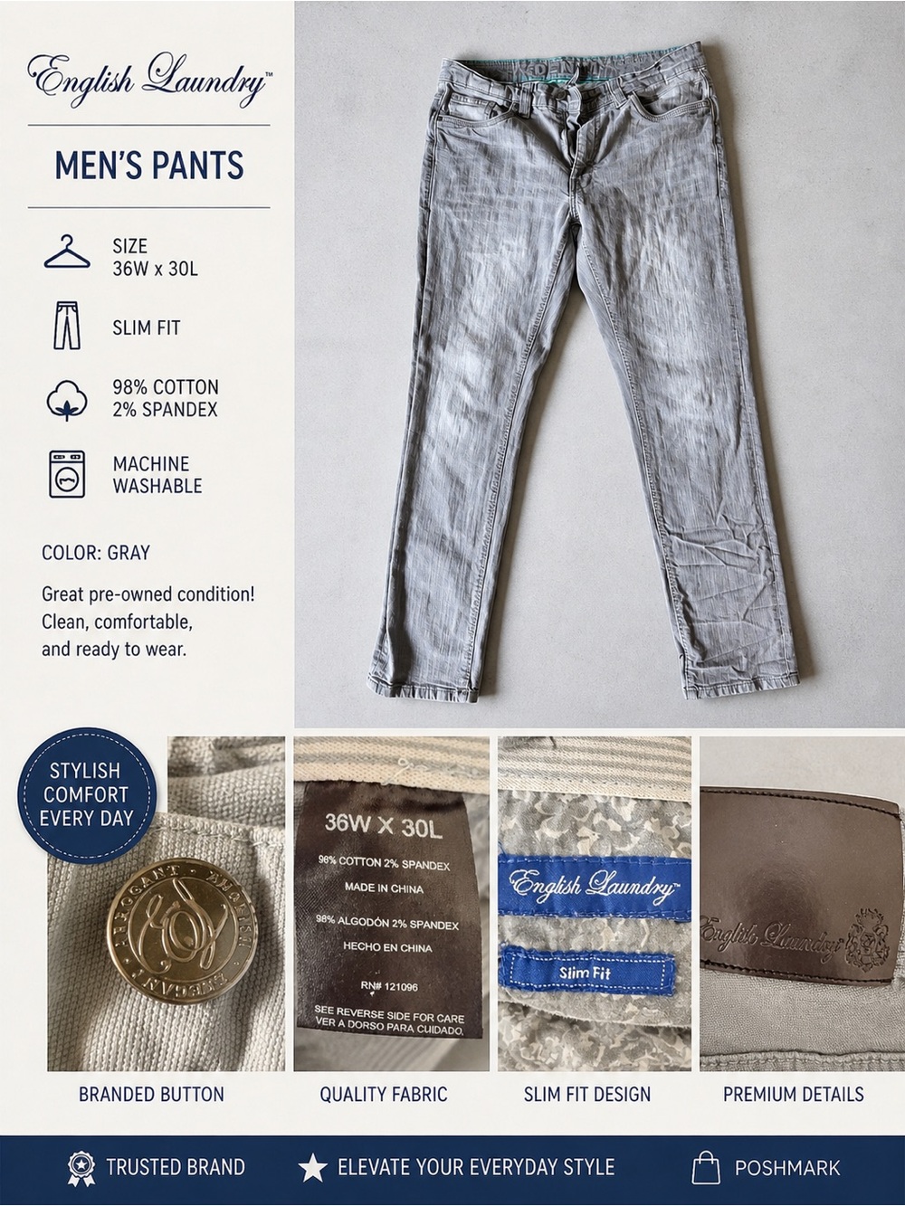 English Laundry Slim Fit Gray Jeans 36x30 Stretch Denim Men’s
